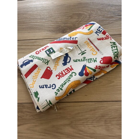 Vintage 70s 2 Yards x 45” Cartoon Science Teacher Metric System Thick Canvas - Picture 2 of 3